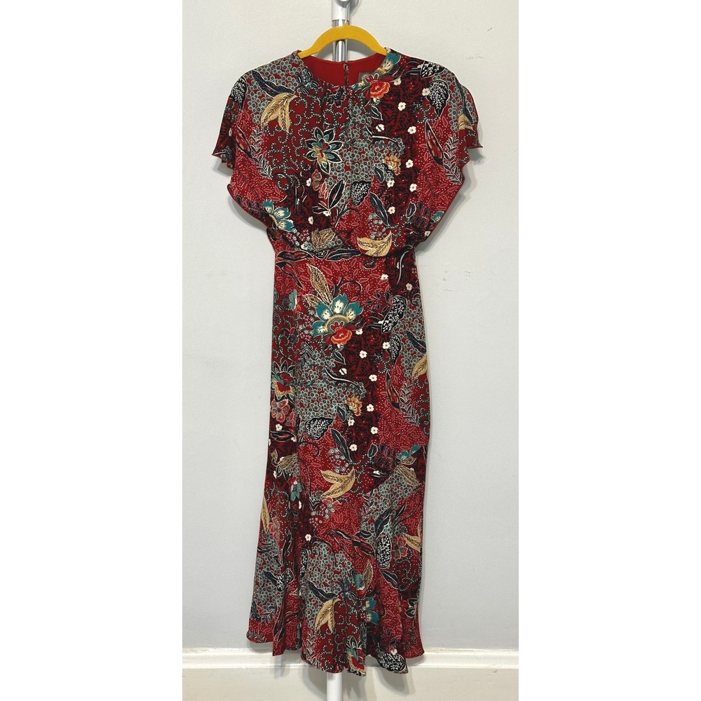 Vince Camuto Red Floral Batik Print Midi Dress Flutter Sleeve VC5M6750 Size 0